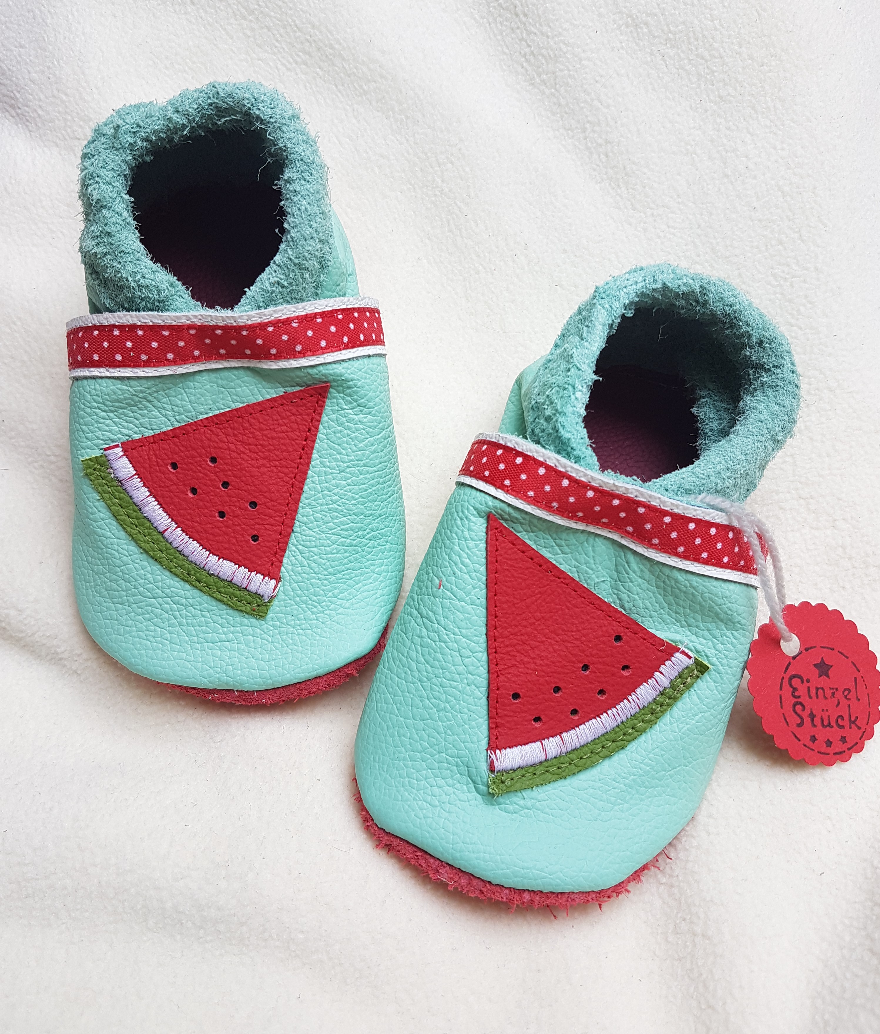 Schuh mit Wassermelone, Krabbelschuh, Leder Babyschuh